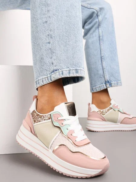 Sneakersy na Niskiej Platformie ze Wstawkami z Brokatu Quinnes różowe