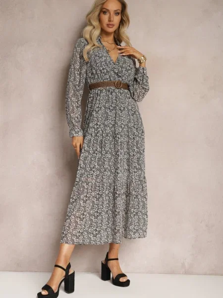 Rochie alb-negru înflorată cu Rakhila alb