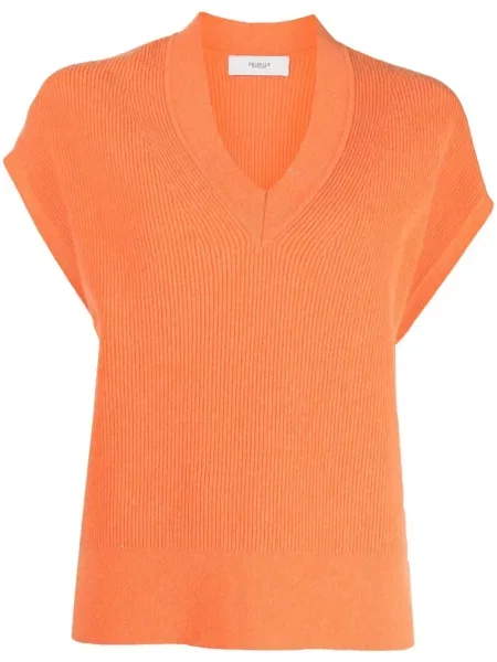 Dzianinowy top Pringle Of Scotland z dekoltem w serek prążkowany pomarańczowy