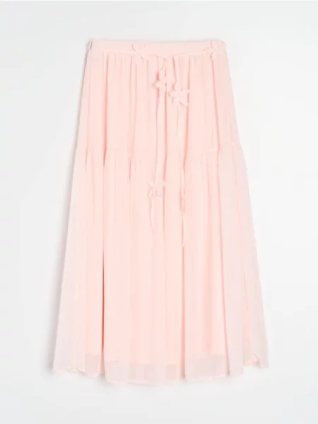 Міді спідниця з ярусним ефектом і декоративним поясом пастельний рожевий