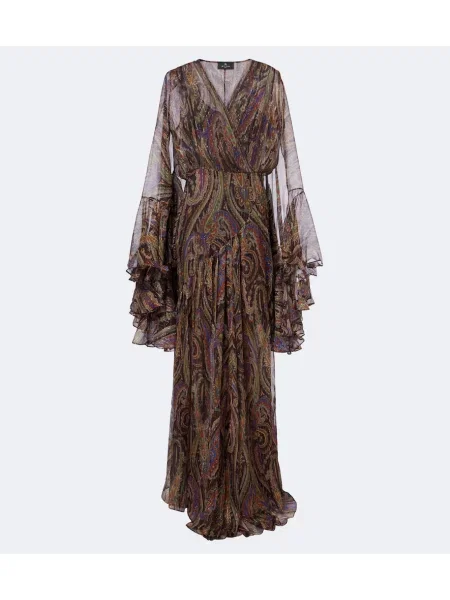 Rochie maxi Etro de mătase cu volane cu model paisley