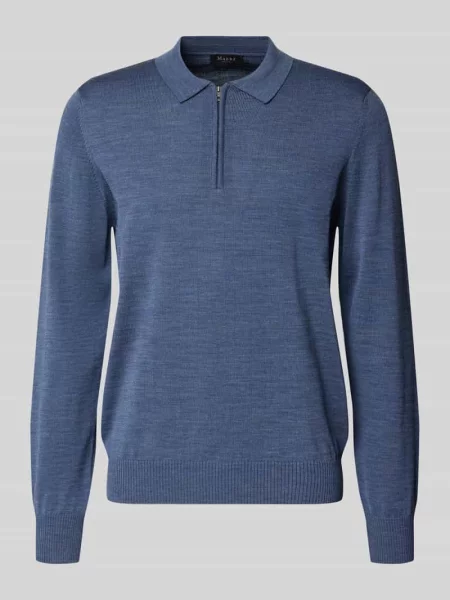 Sweter z dzianiny z żywej wełny z kołnierzykiem polo Maerz Muenchen niebieska