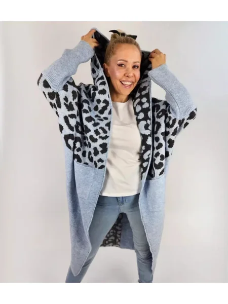 Cardigan Pri de lână cu model leopard lung negru