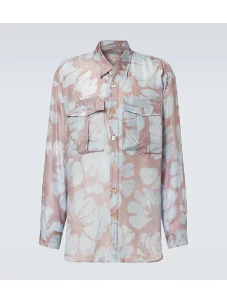 Cămașă Dries Van Noten de mătase cu model floral albastru