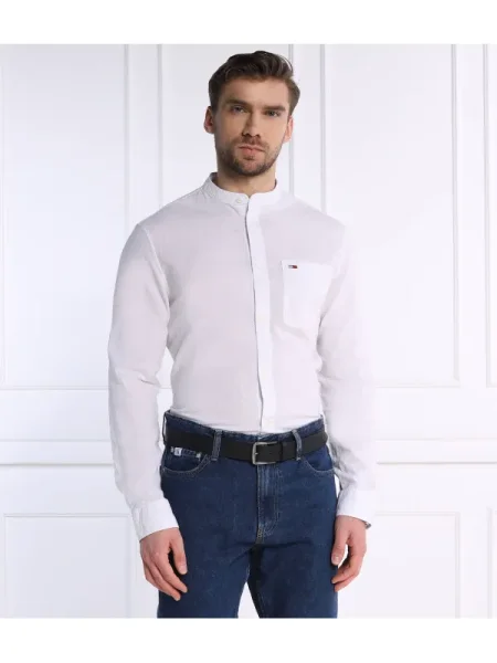Tommy Jeans Cămașă MAO LINEN BLEND | cu adaos de in alb