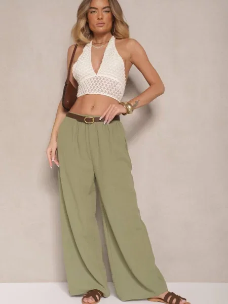 Ciemnozielone Spodnie Palazzo o Szerokim Kroju High Waist Ollevia zielone