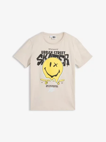 T-shirt z emotikoną z czystej bawełny organicznej szara