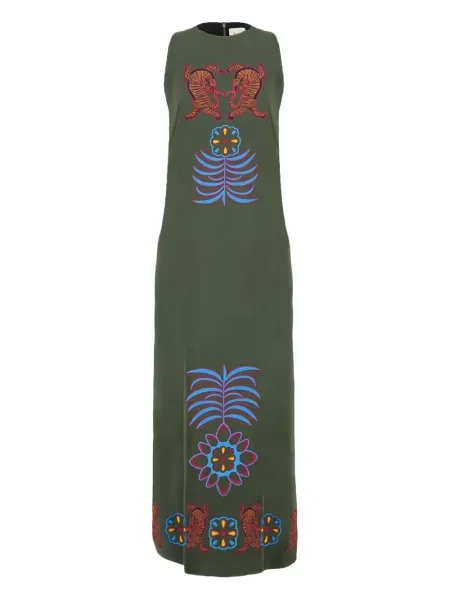 Haftowana sukienka maxi Paula w kwiatki garniturowa zielona