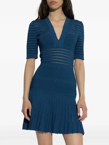 Pletené mini šaty Balmain s výstřihem do v modré