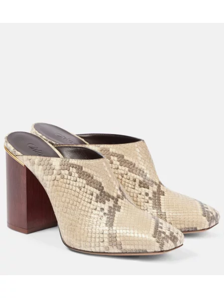 Papuci tip mules Chloé din piele cu model piele de șarpe gri