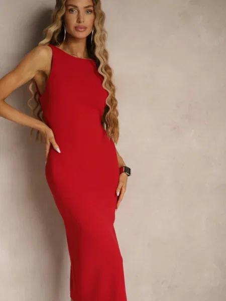 Ołówkowa Sukienka Bez Rękawów z Wiskozą Zdobiona Rozcięciem z Tyłu Fonama czerwona