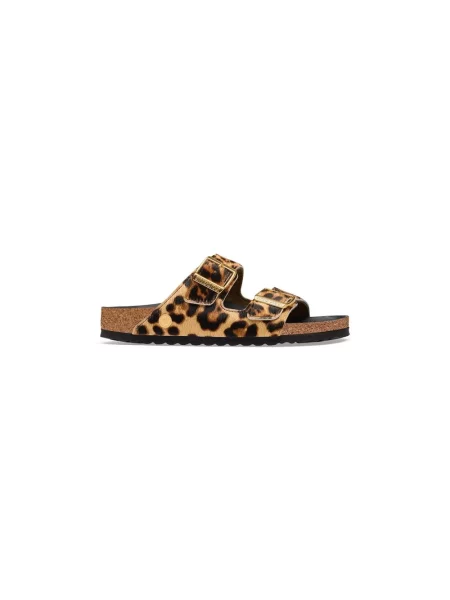 Birkenstock Arizona FUR Leo Natural HEX klapki na płaskim skórzane brązowe