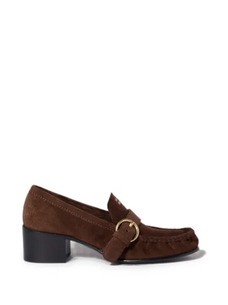Pantofi loafer Miu Miu din piele de căprioară cu cataramă maro
