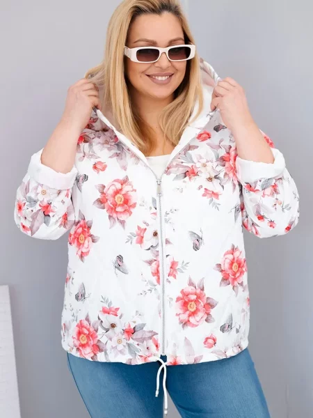 Geacă Kesi Włoski cu model floral cu glugă alb