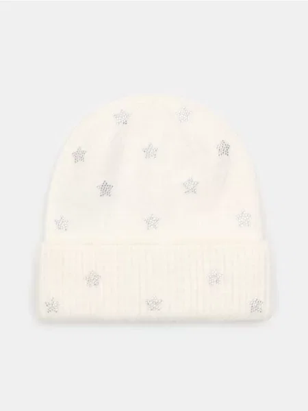 Sinsay Čepice beanie s aplikací kamínků ve tvaru hvězdiček krémová