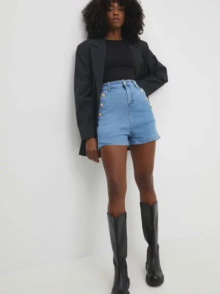 Дънков къс панталон Answear Lab с изчистен дизайн с висока талия синьо