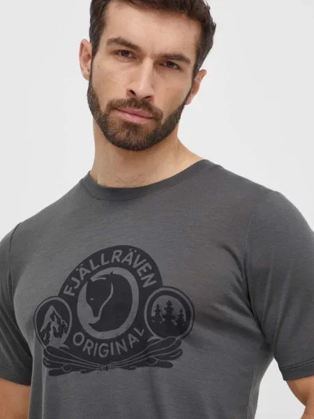 Vlněné tričko Fjallraven Abisko Wool Classic s potiskem šedá