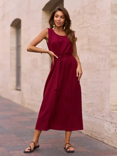 Лляна Сукня міді ISSA Plus бордовий