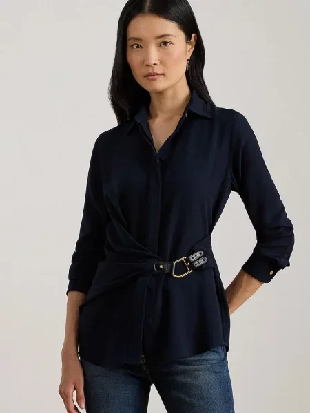 Košulja Lauren Ralph Lauren za žene tamno regular s klasičnim ovratnikom plava