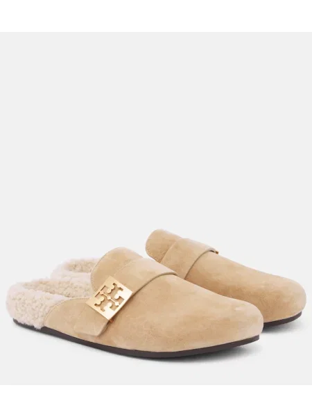 Papuci tip mules Tory Burch din piele de căprioară bej