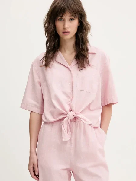 Tommy Jeans koszula z domieszką lnu relaxed z kołnierzykiem klasycznym różowy