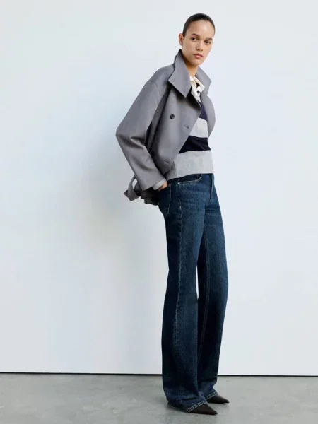 Sweter w paski z kołnierzykiem polo średni Kobieta XXS MANGO szary