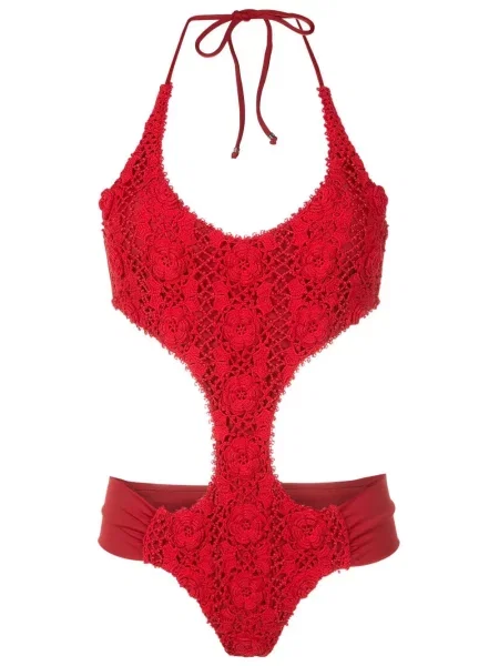 Costum de baie Amir Slama cu model floral din dantelă cu gât halter roșu