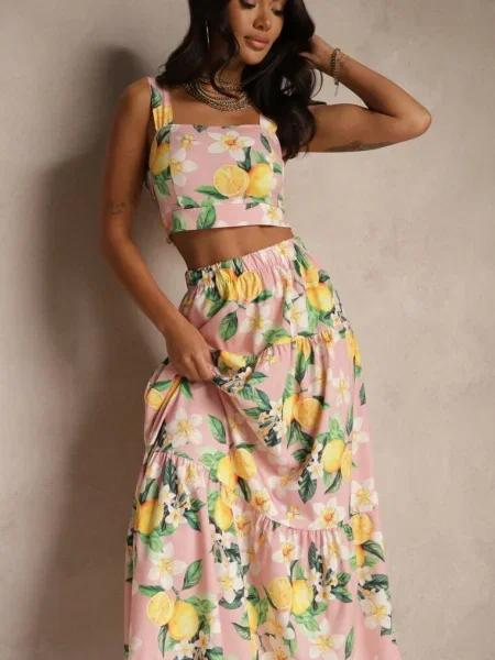 Komplet Top na Ramiączkach i Spódnica o Rozkloszowanym Kroju Madlaine różowy