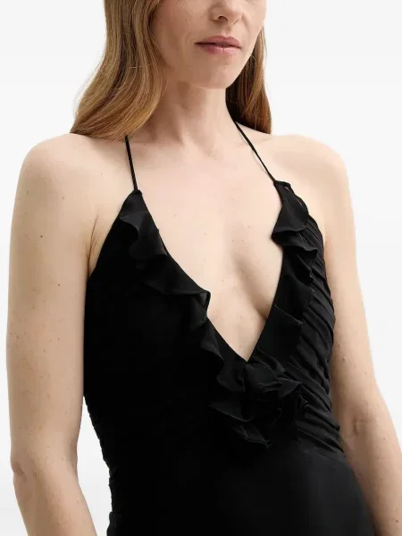 Rochie maxi The Kooples cu decolteu în V cu volane de costum negru