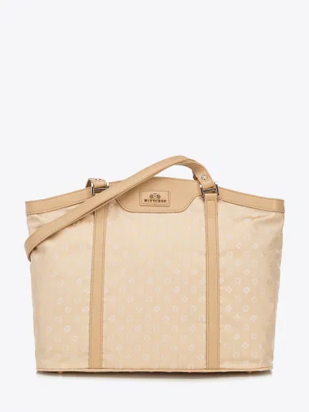 Torebka shopperka z żakardu i skóry w monogramy kremowa