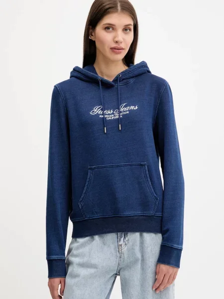 Guess Jeans bluza granatowy z kapturem z aplikacją niebieska