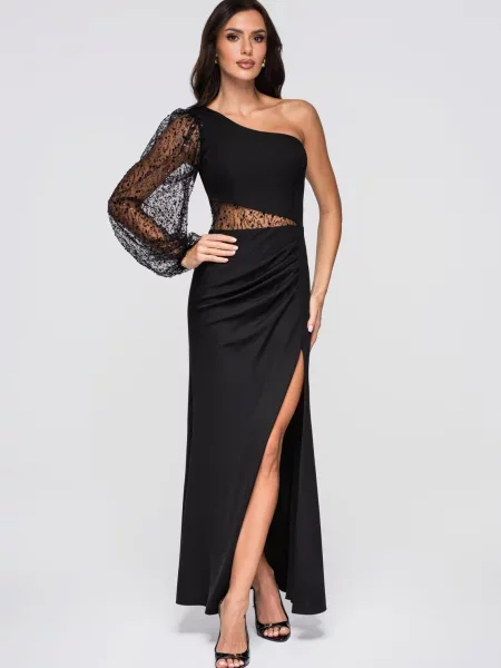 Rochie de seară Edoti din dantelă cu mâneci din dantelă negru