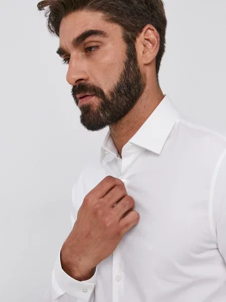 Риза Calvin Klein мъжка бяло с кройка по тялото с класическа яка