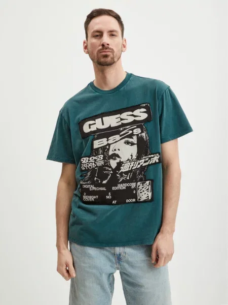 GUESS Tricou SS BSC GUESS MUSIC POSTER verde