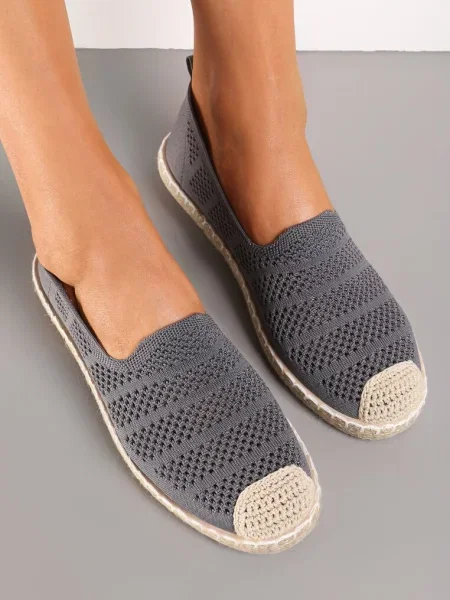 Espadrile Ajurate Decorate cu Impletitura pe Talpa si Varf Tarniesa gri