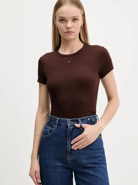 Тениска Tommy Jeans дамска бежово кафяво