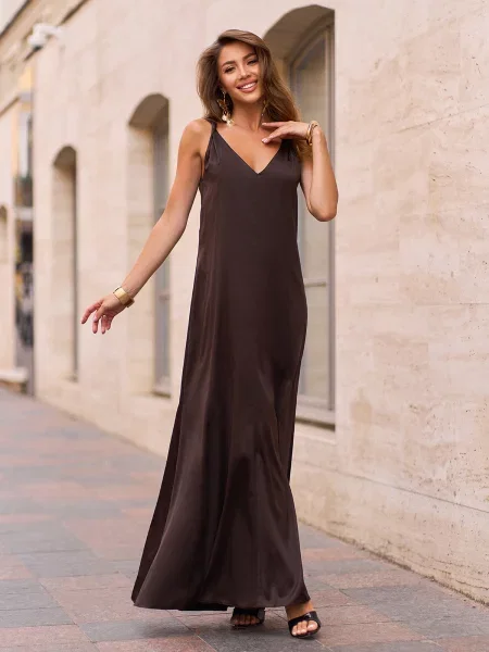 Сукня максі ISSA Plus темно-коричневий шовк коричнева