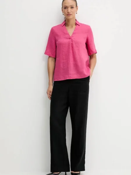 Льняна блузка United Colors of Benetton однотонна рожевий