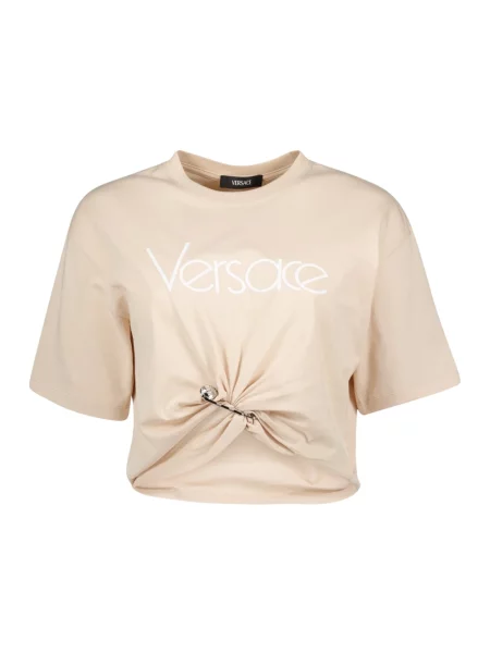 Koszulka Versace odblaskowa z nadrukiem o krotszym kroju beżowa