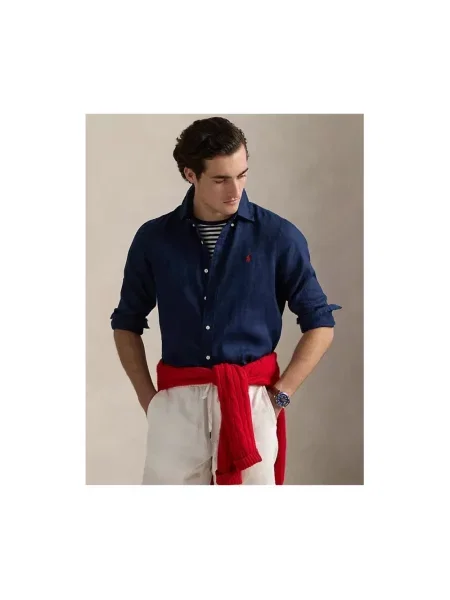 Lniana koszula Polo Ralph Lauren niebieska