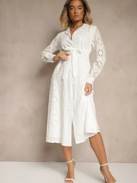 Ażurowa Sukienka Koszulowa Ozdobiona Tananilia biała