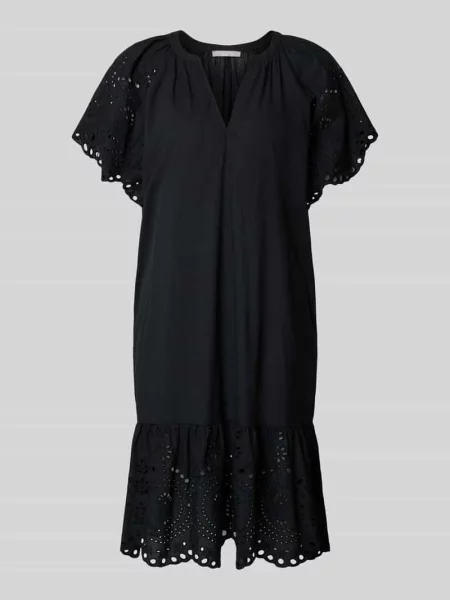 Sukienka mini w kroju relaxed fit z kwiatowym haftem angielskim Christian Berg Woman Selection czarna