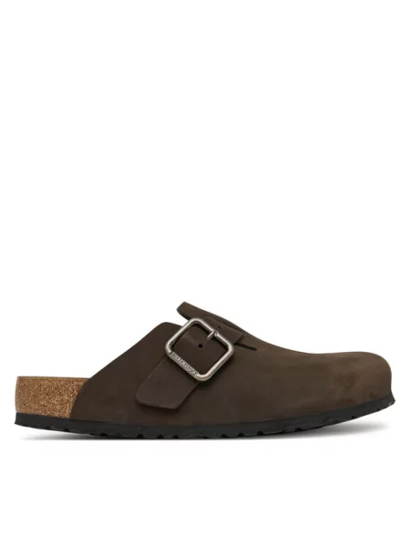 Papuci Birkenstock cu cataramă din piele maro