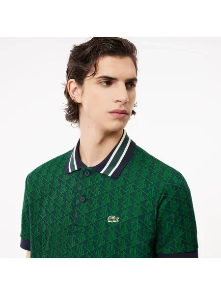 Lacoste Koszulka Polo Classic Fit Z Kołnierzykiem Kontrastowym I Motywem Monogramu zielona