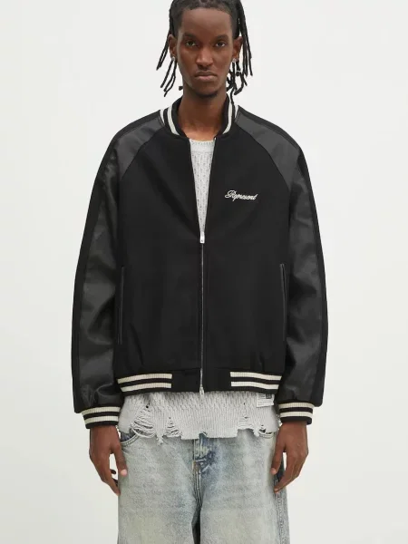 Represent jacheta bomber din lana Raglan Varsity Jacket de tranzitie oversize negru