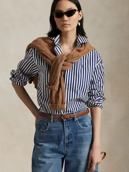 Риза Polo Ralph Lauren дамска зелено със свободна кройка с класическа яка синьо