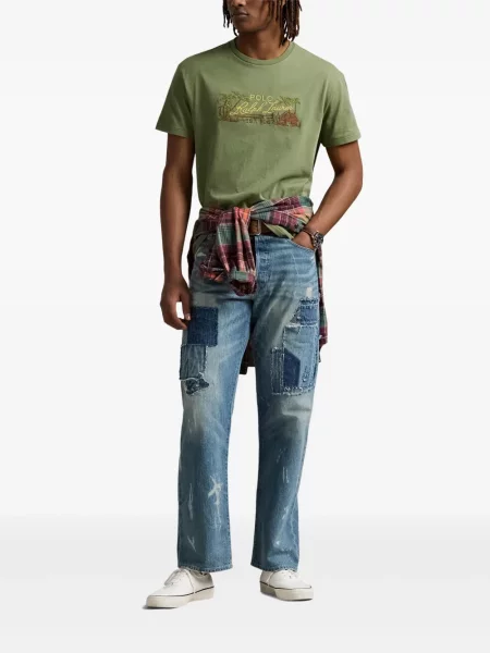 Tricou Polo Ralph Lauren din piele cu broderie în carouri maro