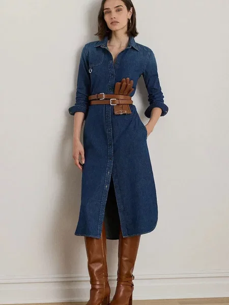 Lauren Ralph Lauren sukienka jeansowa granatowy midi rozkloszowana niebieska