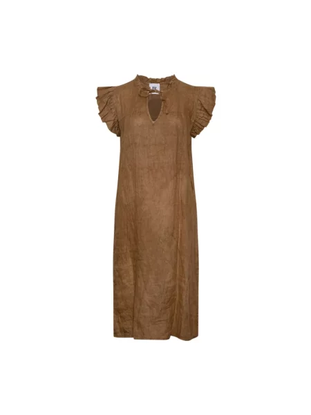 Lniana sukienka Tiffany z falbankami garniturowa brązowa