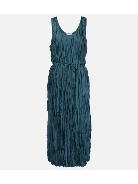 Satynowa sukienka midi Vince plisowana do kolan niebieska